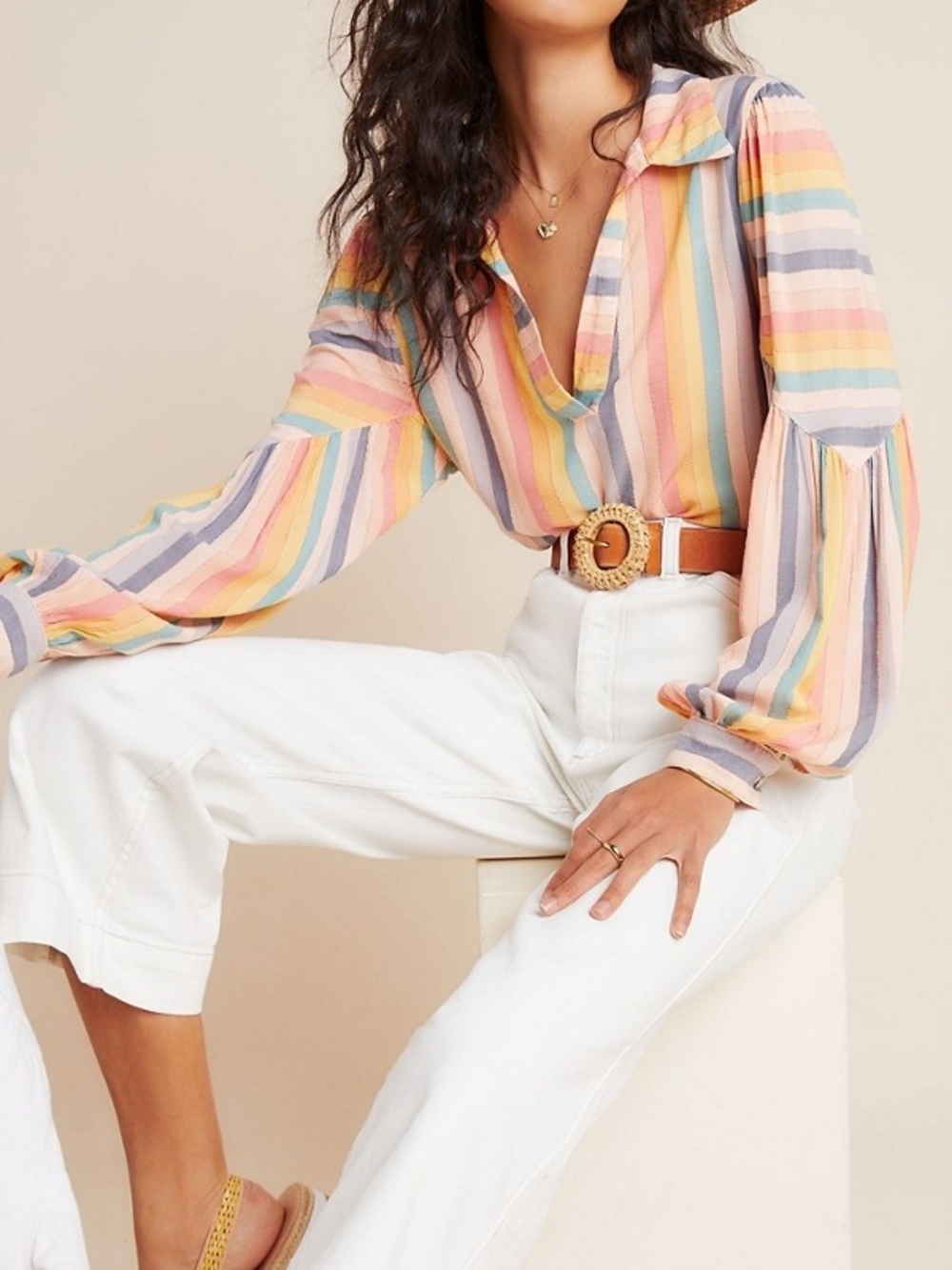 Anthropologie Amadi Rainbow Stripe Balloon Sleeve Blouse XS NWT - Picture 2 of 9